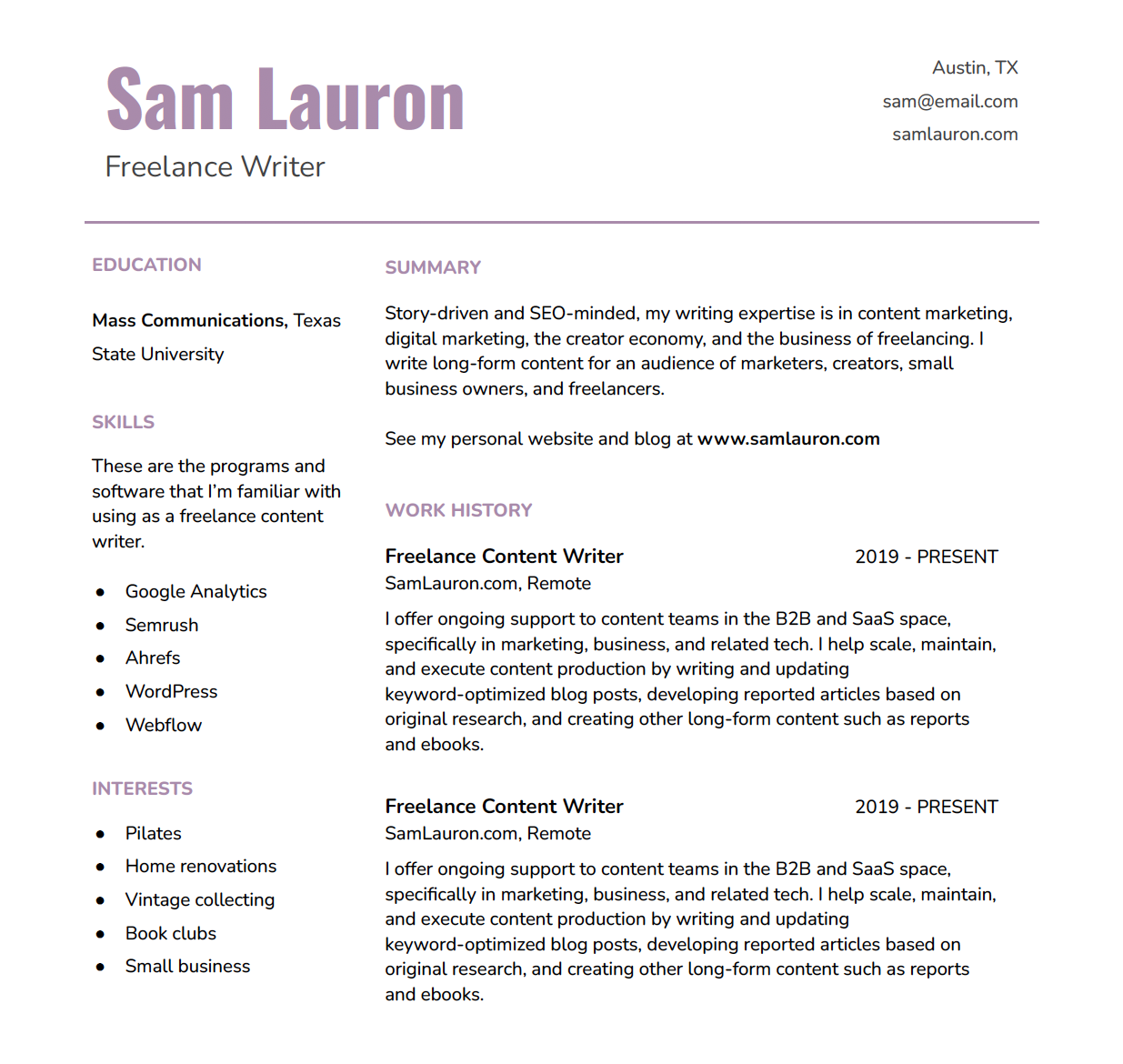 Interests on resume examples: A preview of my resume that includes hobbies and interests.